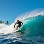 **Samoa Dry Season Surfing:** A professional surfer skillfully riding a perfectly formed, powerful emerald green reef break wave in Samoa during the peak dry season (May-October). The water is crystal clear under a vibrant blue sky, with ideal offshore winds creating a clean, peeling tube. The scene is dynamic and exhilarating, capturing the essence of a dream surf session in a tropical paradise. High-resolution, cinematic, hyperrealistic.