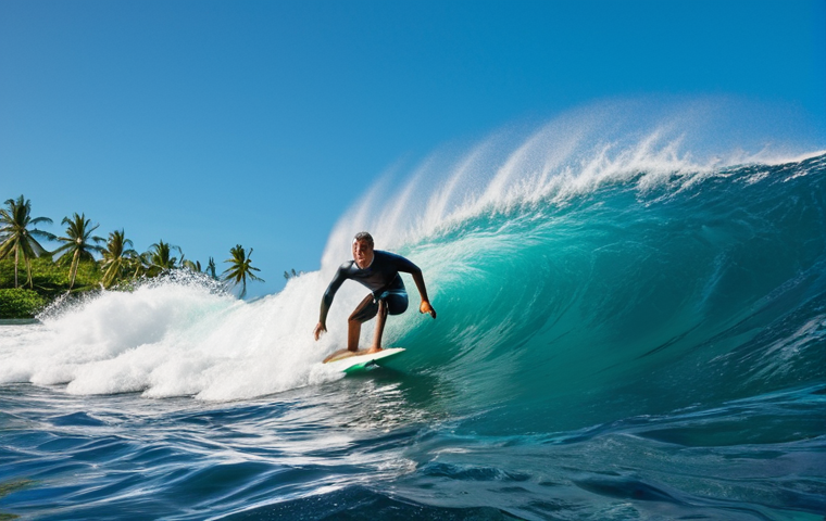 **Samoa Dry Season Surfing:** A professional surfer skillfully riding a perfectly formed, powerful emerald green reef break wave in Samoa during the peak dry season (May-October). The water is crystal clear under a vibrant blue sky, with ideal offshore winds creating a clean, peeling tube. The scene is dynamic and exhilarating, capturing the essence of a dream surf session in a tropical paradise. High-resolution, cinematic, hyperrealistic.