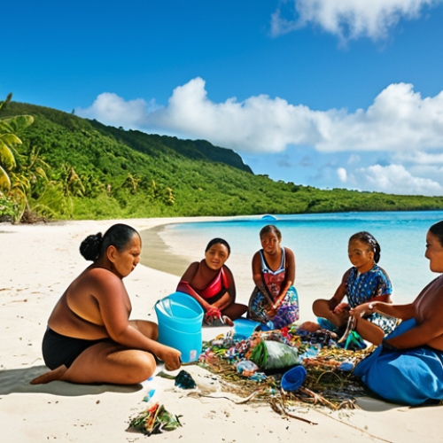 A vibrant Samoan community, including children and elders, actively engaged in a beach cleanup and upcycling workshop. They are transforming collected plastic waste into colorful crafts and useful items, set against the backdrop of a pristine tropical beach with turquoise waters and lush green vegetation under a sunny sky. The image should convey joy, unity, and a strong sense of sustainable living.
