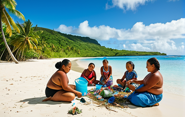 A vibrant Samoan community, including children and elders, actively engaged in a beach cleanup and upcycling workshop. They are transforming collected plastic waste into colorful crafts and useful items, set against the backdrop of a pristine tropical beach with turquoise waters and lush green vegetation under a sunny sky. The image should convey joy, unity, and a strong sense of sustainable living.
